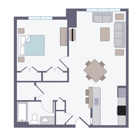 Floor plan for 1 bed, 1 bath, 743 sqft